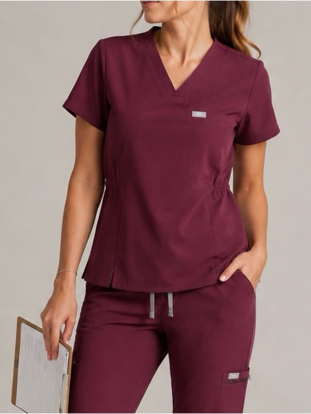 Figs Women's V-Neck Scrub Top - Burgundy